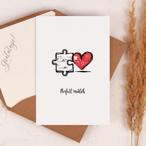 Kartka na ślub z minimalistycznym motywem puzla i serca - Perfect match
